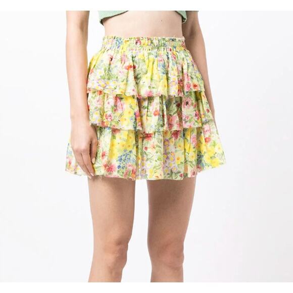 LoveShackFancy Small S Yellow Floral Brynlee Ruffle Tiered Skirt Cotton Silk - Picture 10 of 12